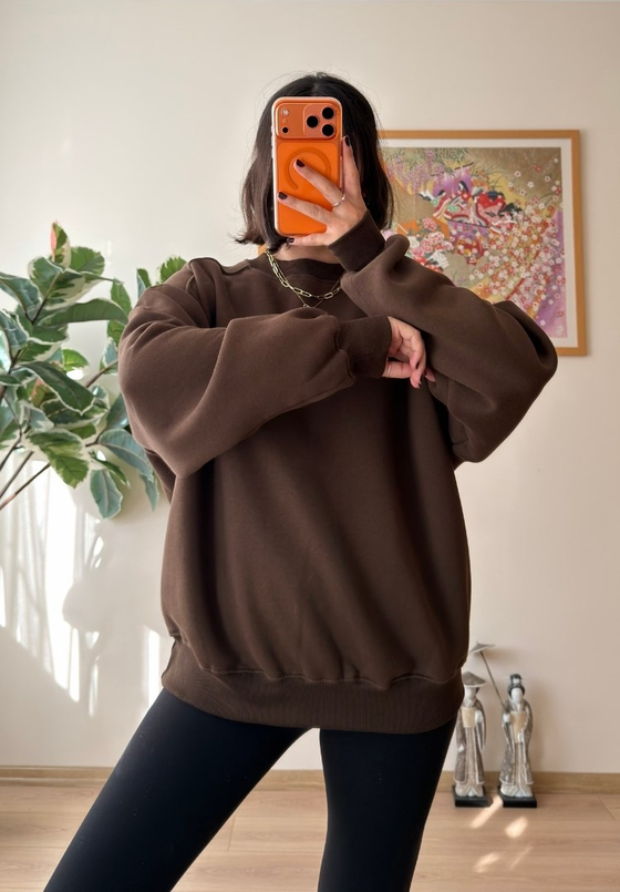 3 İplik Bisiklet Yaka Oversize Sweatshirt Kahve