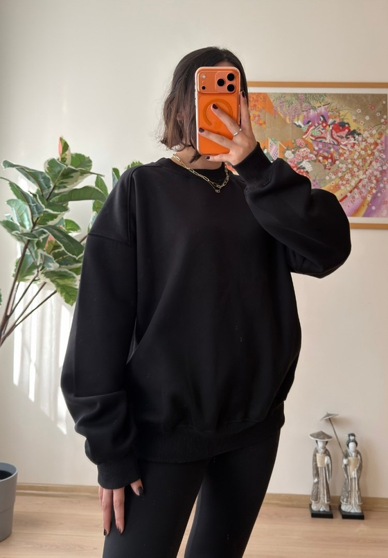 3 İplik Bisiklet Yaka Oversize Sweatshirt Siyah