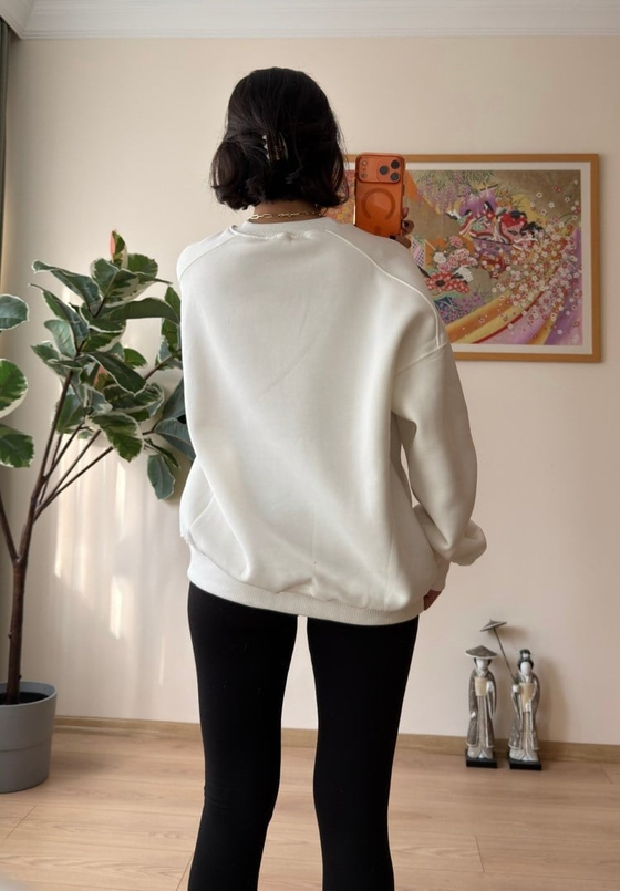3 İplik Bisiklet Yaka Oversize Sweatshirt Beyaz