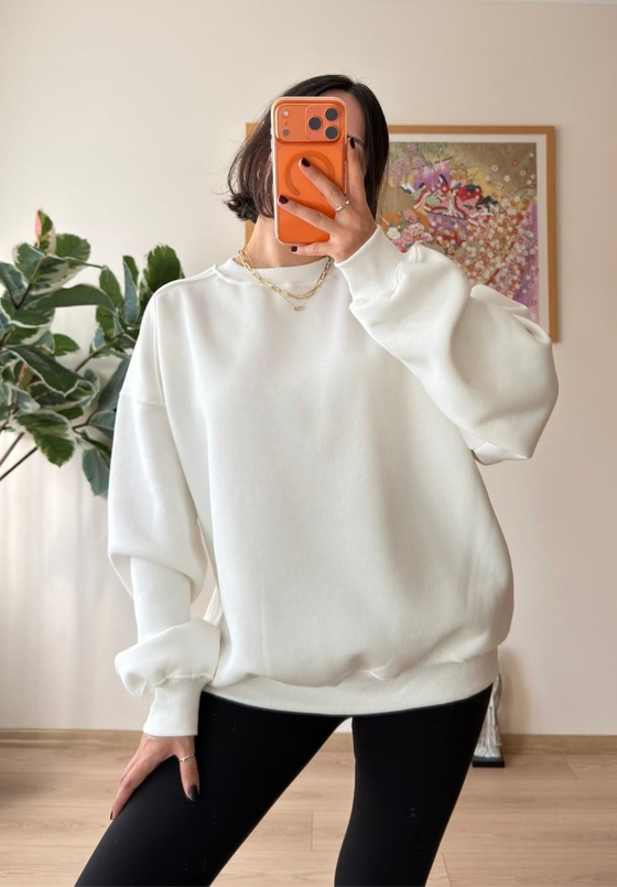 3 İplik Bisiklet Yaka Oversize Sweatshirt Beyaz