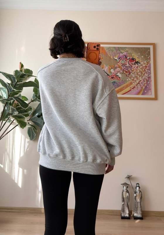 3 İplik Bisiklet Yaka Oversize Sweatshirt Gri