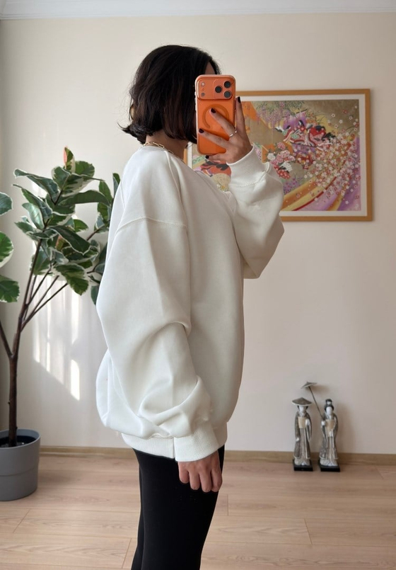 3 İplik Bisiklet Yaka Oversize Sweatshirt Beyaz