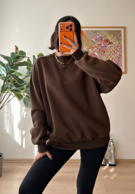 3 İplik Bisiklet Yaka Oversize Sweatshirt Kahve