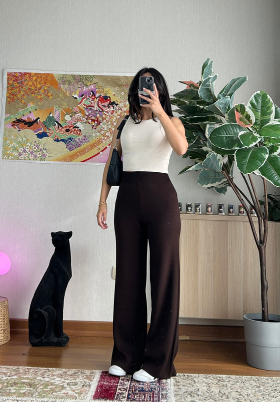 Akie Triko Yüksek Bel Pantolon Acı Kahve