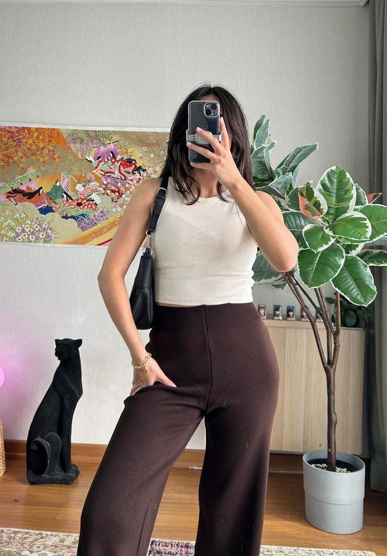 Akie Triko Yüksek Bel Pantolon Acı Kahve