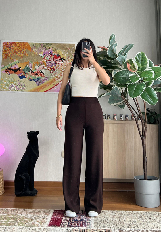 Akie Triko Yüksek Bel Pantolon Acı Kahve