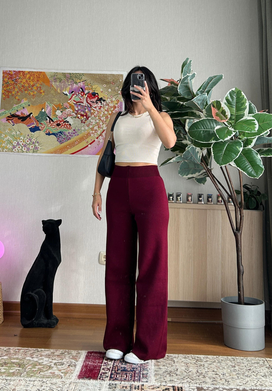 Akie Triko Yüksek Bel Pantolon Bordo