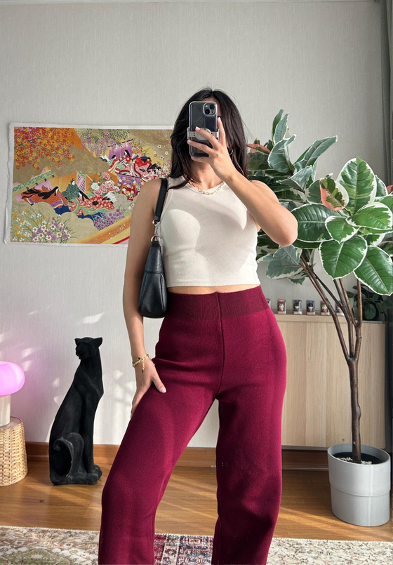 Akie Triko Yüksek Bel Pantolon Bordo