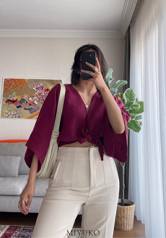 Asahi Bağlamalı Kısa Kimono Bordo