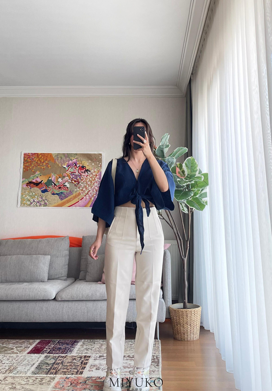 Asahi Bağlamalı Kısa Kimono Lacivert