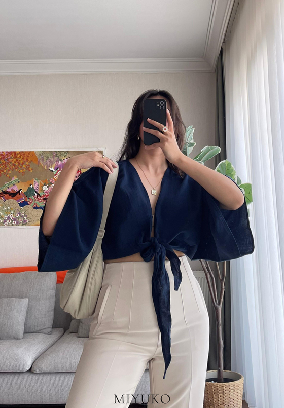 Asahi Bağlamalı Kısa Kimono Lacivert