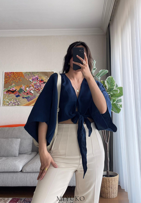 Asahi Bağlamalı Kısa Kimono Lacivert