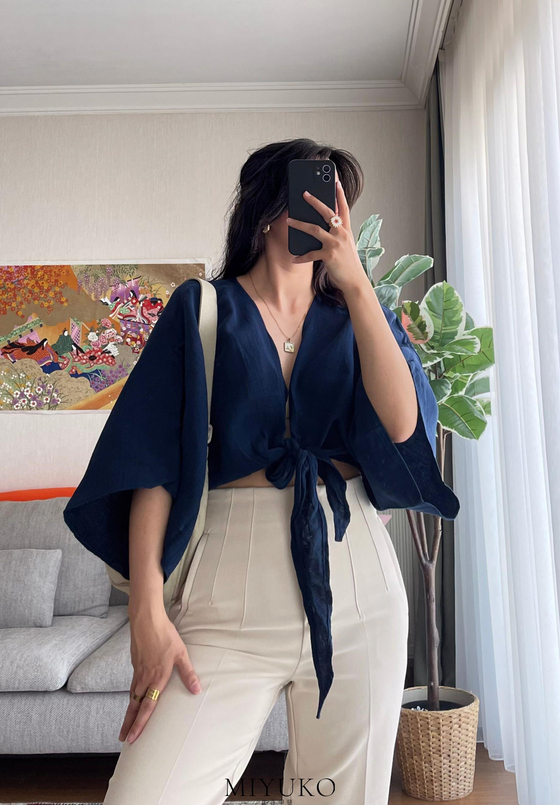 Asahi Bağlamalı Kısa Kimono Lacivert