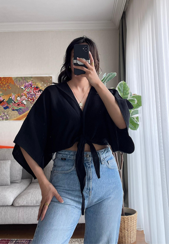 Asahi Bağlamalı Kısa Kimono Siyah