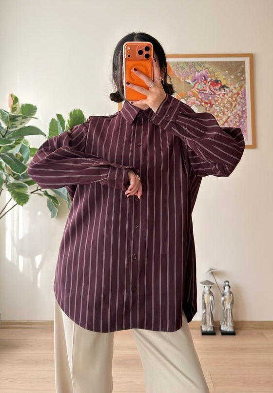 Asami Çizgili Oversize Gömlek Bordo