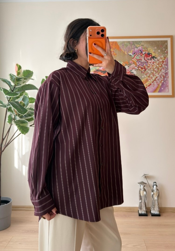 Asami Çizgili Oversize Gömlek Bordo