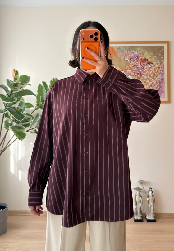 Asami Çizgili Oversize Gömlek Bordo