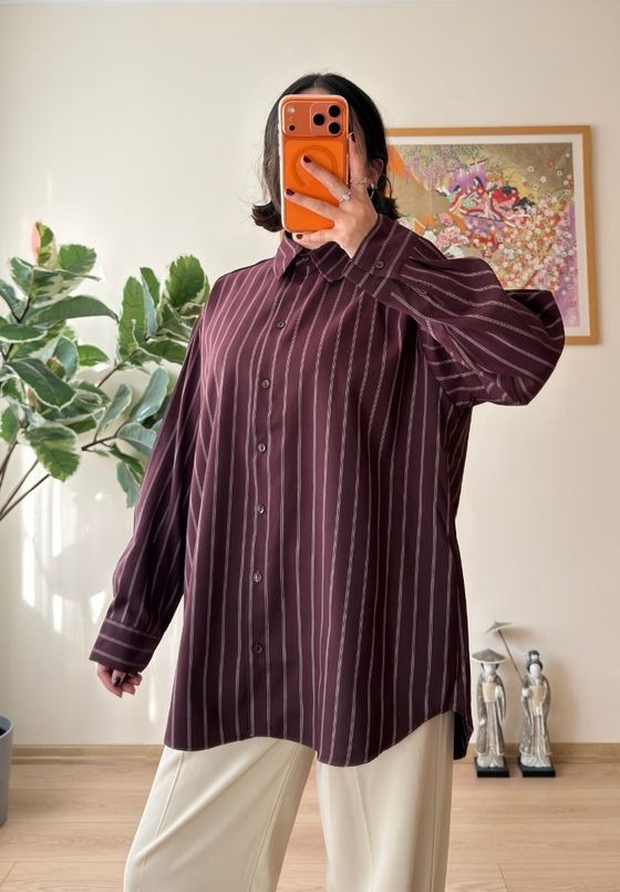 Asami Çizgili Oversize Gömlek Bordo