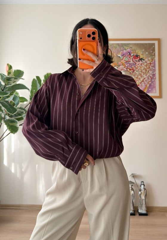 Asami Çizgili Oversize Gömlek Bordo