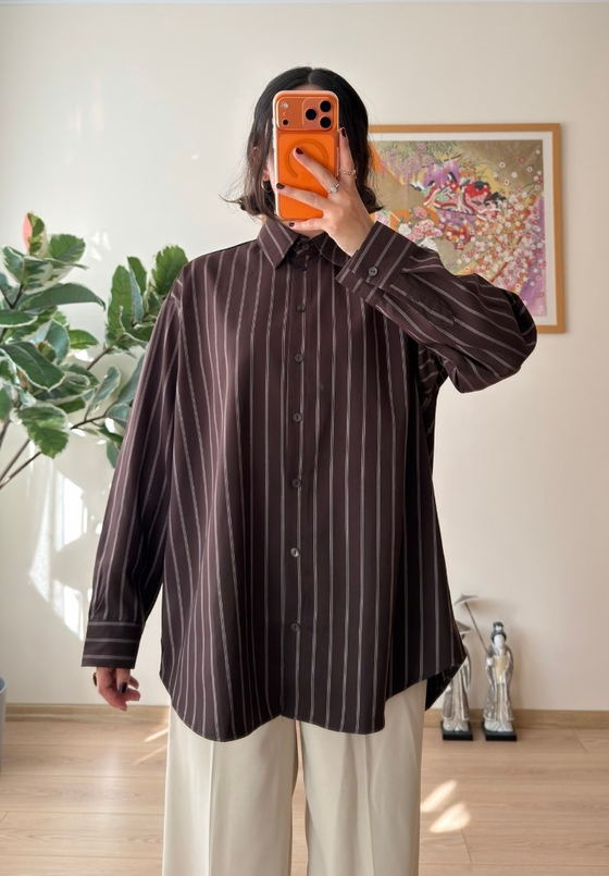 Asami Çizgili Oversize Gömlek Kahve