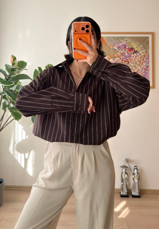 Asami Çizgili Oversize Gömlek Kahve