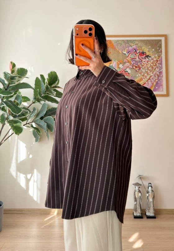 Asami Çizgili Oversize Gömlek Kahve