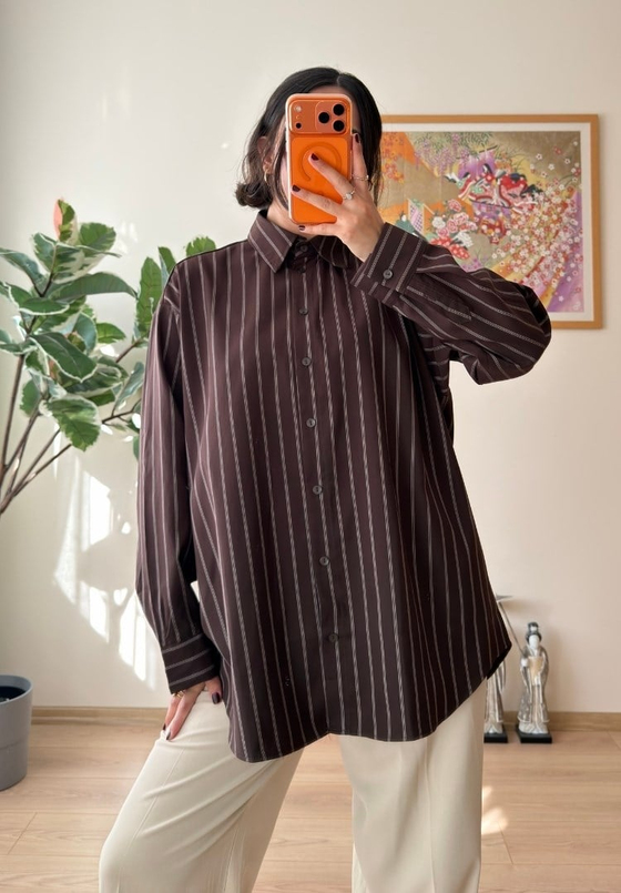 Asami Çizgili Oversize Gömlek Kahve