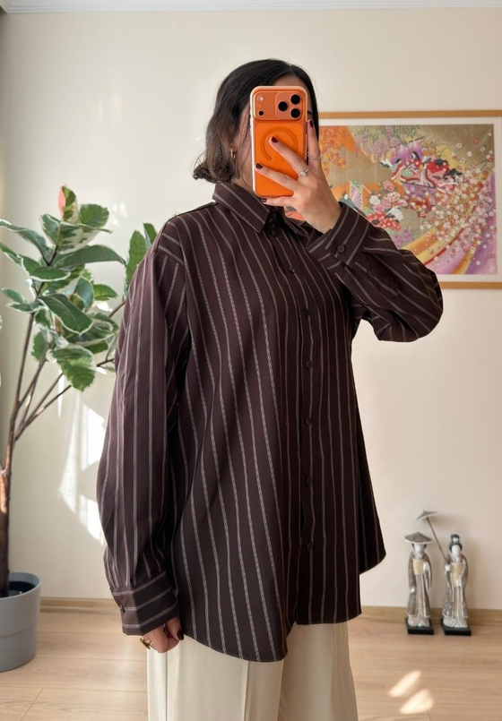 Asami Çizgili Oversize Gömlek Kahve
