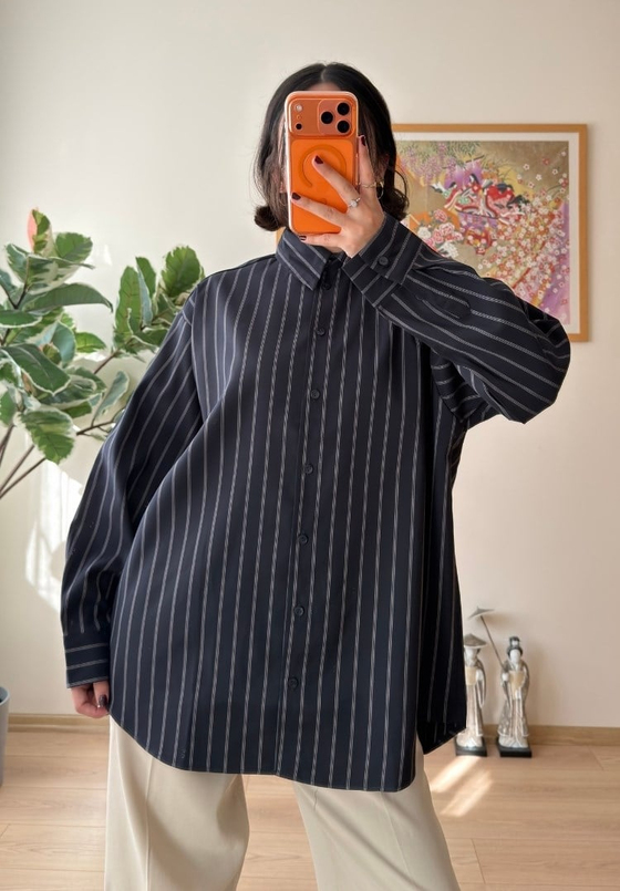 Asami Çizgili Oversize Gömlek Lacivert