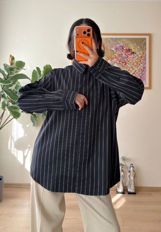 Asami Çizgili Oversize Gömlek Lacivert