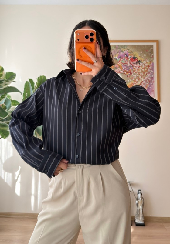 Asami Çizgili Oversize Gömlek Lacivert