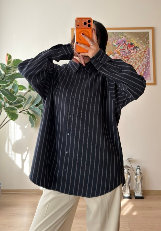 Asami Çizgili Oversize Gömlek Lacivert