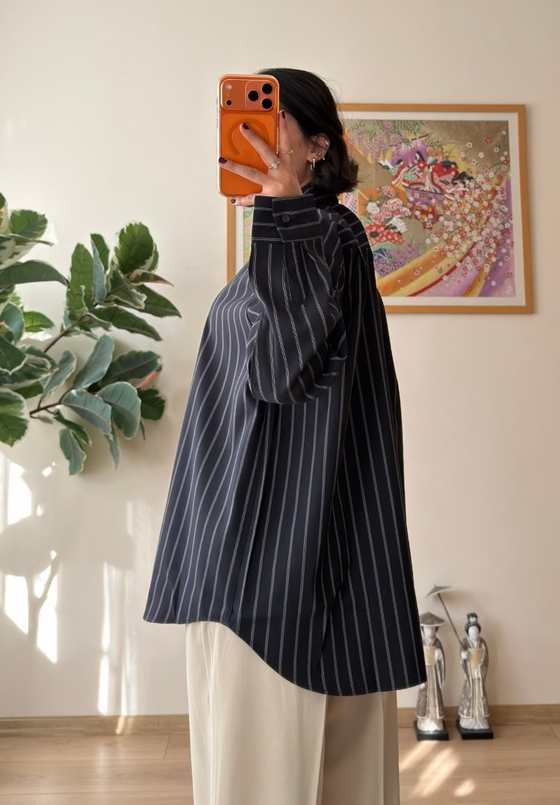 Asami Çizgili Oversize Gömlek Lacivert