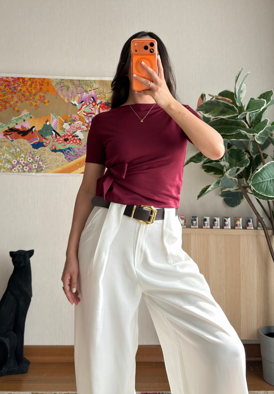 Asira Yan Bağlamalı T-Shirt Bordo