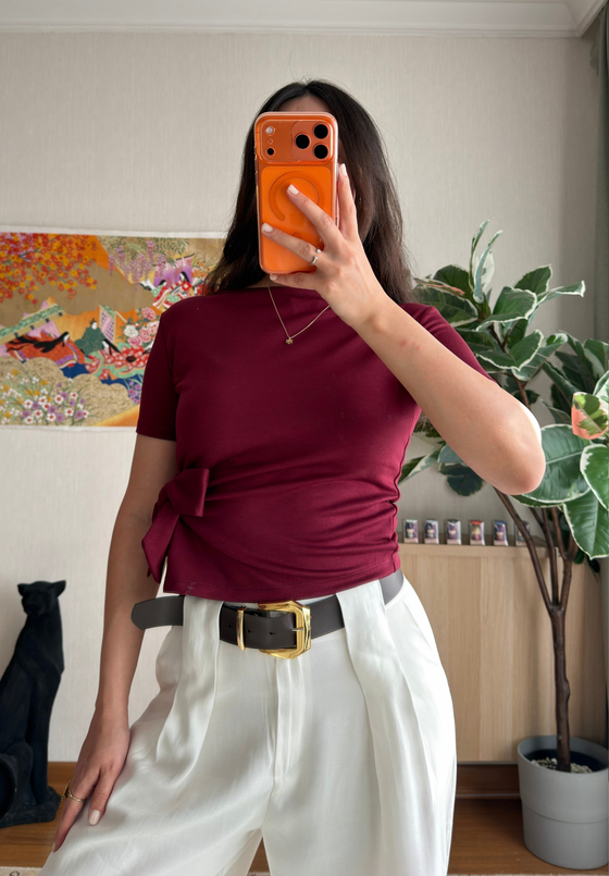 Asira Yan Bağlamalı T-Shirt Bordo
