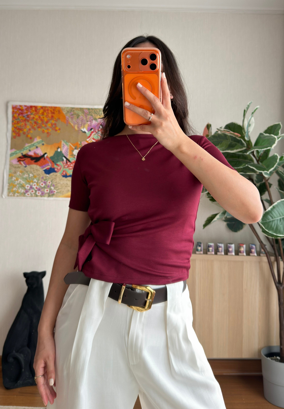 Asira Yan Bağlamalı T-Shirt Bordo