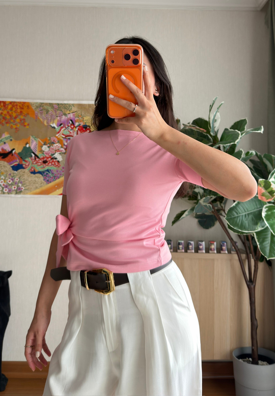 Asira Yan Bağlamalı T-Shirt Pembe