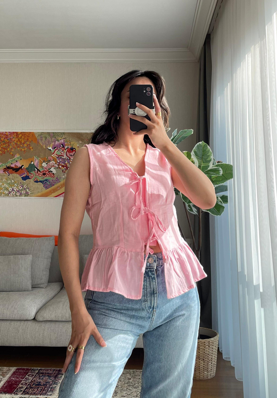 Baika Önü Bağlamalı Kolsuz Bluz Pembe