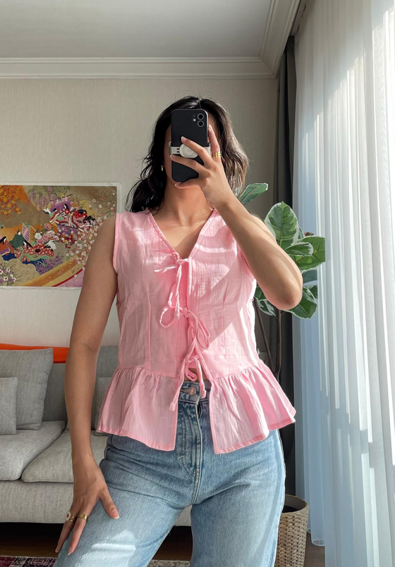 Baika Önü Bağlamalı Kolsuz Bluz Pembe