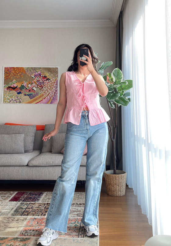 Baika Önü Bağlamalı Kolsuz Bluz Pembe