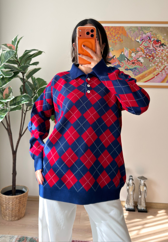 Baklava Desenli Polo Yaka Oversize Kazak Lacivert