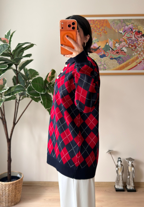 Baklava Desenli Polo Yaka Oversize Kazak Siyah