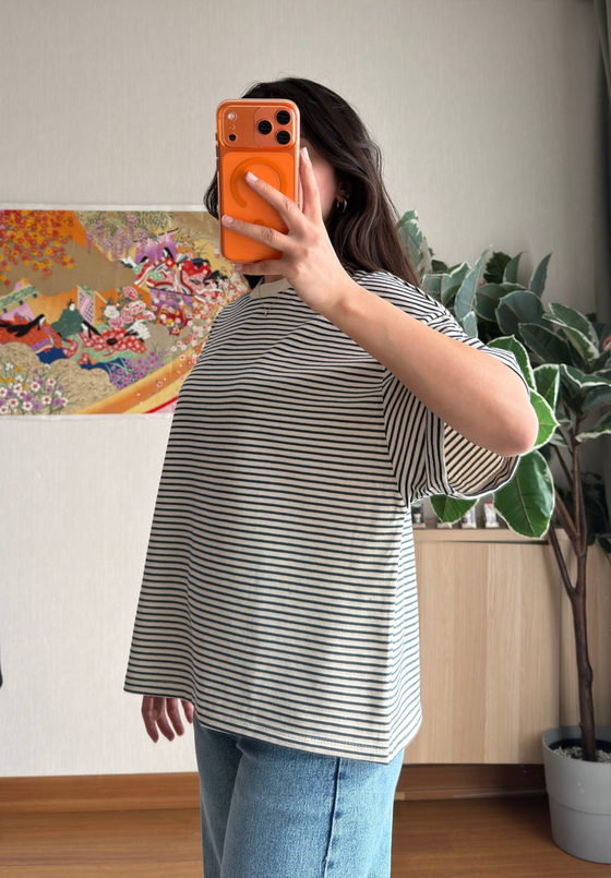 Basic Çizgili Oversize T-Shirt Lacivert