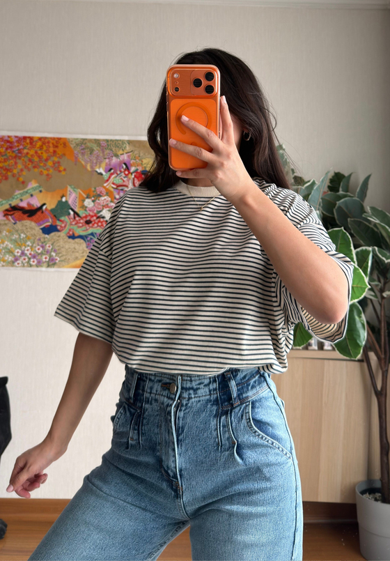 Basic Çizgili Oversize T-Shirt Lacivert
