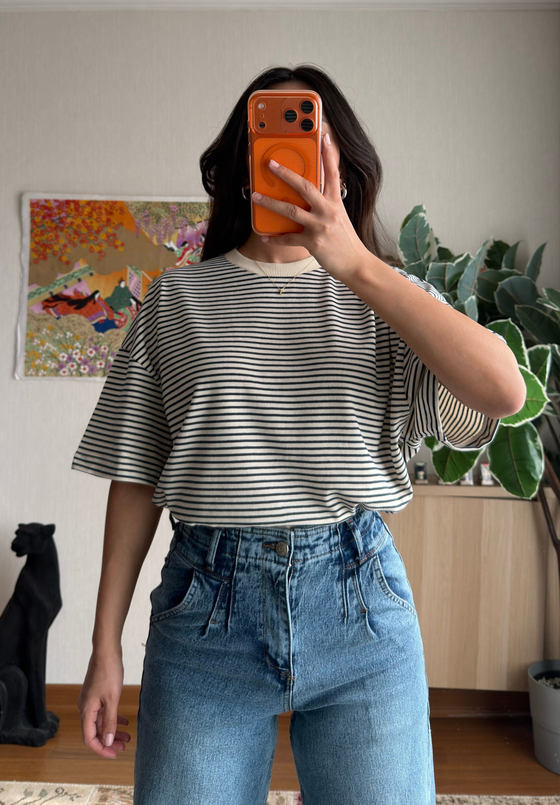 Basic Çizgili Oversize T-Shirt Lacivert