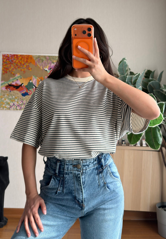Basic Çizgili Oversize T-Shirt Lacivert