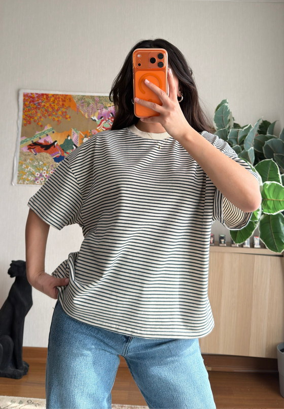 Basic Çizgili Oversize T-Shirt Lacivert