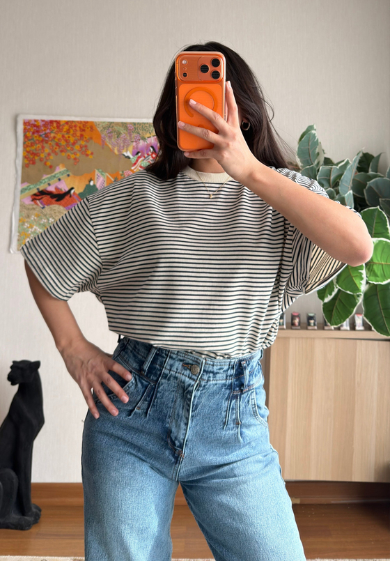 Basic Çizgili Oversize T-Shirt Lacivert