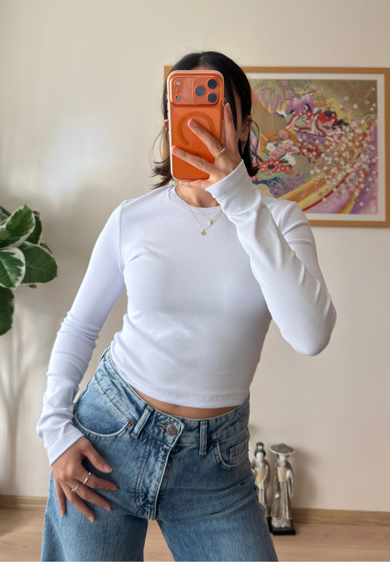 Bisiklet yaka basic Bluz Beyaz