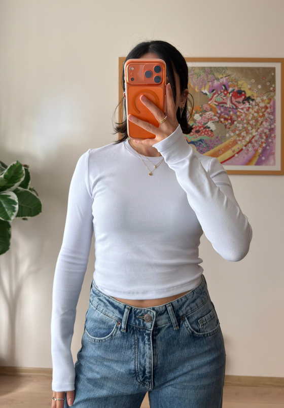 Bisiklet yaka basic Bluz Beyaz